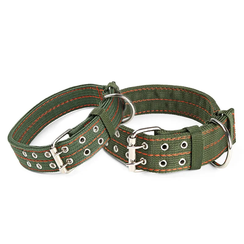 Army Green Canvas Dog Collar Double Row Buckle Strong Adjustable Pet Collar For Medium Large Dogs