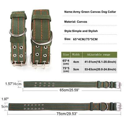 Army Green Canvas Dog Collar Double Row Buckle Strong Adjustable Pet Collar For Medium Large Dogs