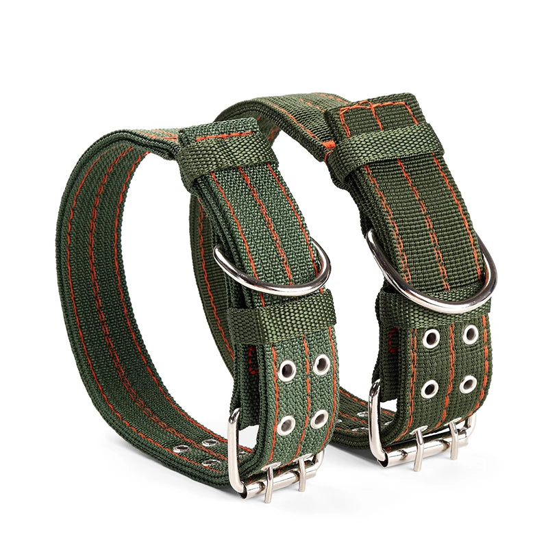 Army Green Canvas Dog Collar Double Row Buckle Strong Adjustable Pet Collar For Medium Large Dogs