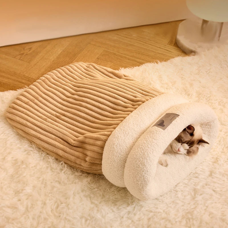 Cat Sleeping Bag Semi-Enclosed Cats Dogs Warming Pad Soft Plush Winter Warm Cozy Beds Accessories For Cats Small Dog