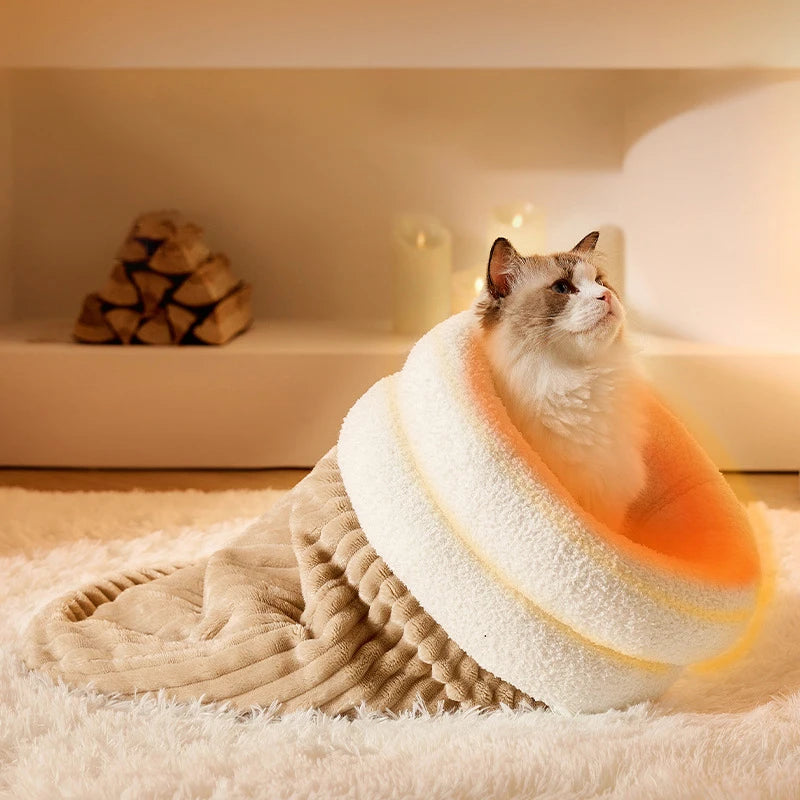 Cat Sleeping Bag Semi-Enclosed Cats Dogs Warming Pad Soft Plush Winter Warm Cozy Beds Accessories For Cats Small Dog