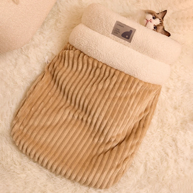 Cat Sleeping Bag Semi-Enclosed Cats Dogs Warming Pad Soft Plush Winter Warm Cozy Beds Accessories For Cats Small Dog